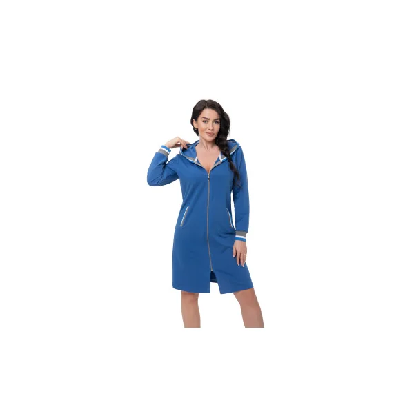 DOROTA kuscheliger und moderner Damen Bademantel, mit Reißverschluss, Taschen & Kapuze, Blau Gr. XL